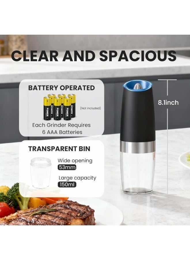 Gravity Electric Salt and Pepper Grinder Set of 2, Automatic Salt and Pepper Grinder Set, Adjustable Roughness, Battery Powered, LED Light, 2 Pack, (Black) - Image 3